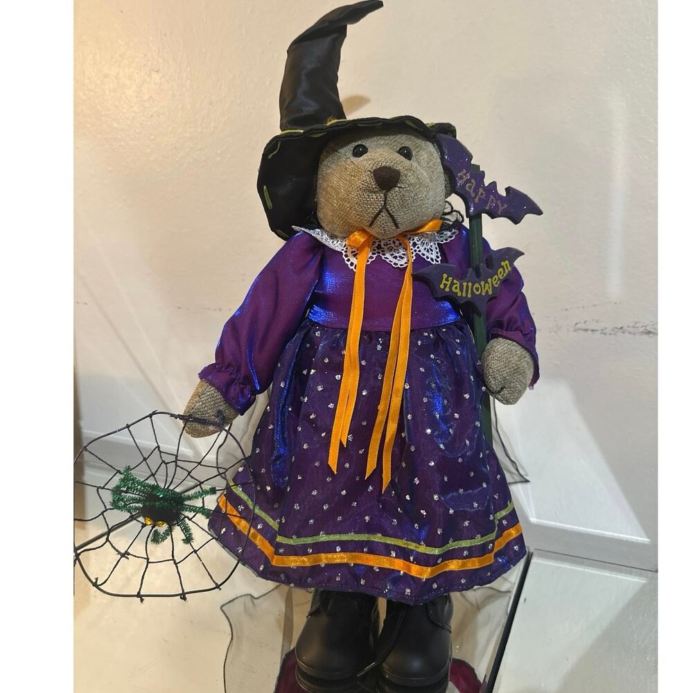 Vint plush teddy bear dressed in purple &black Halloween witch w/web &spider New